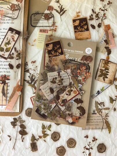 50 piezas/paquete Etiquetas con hojas de plantas secas vintage estilo inglés Pegatinas PET Materiales DIY para collage