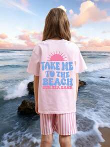 1pc Girls Printed Short Sleeve T-Shirt, Comfortable & Fashionable Summer Top For Young Students - Pink - View 3
