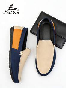 Salkin 经典男士莫卡辛鞋，奢华天鹅绒乐福鞋，柔软皮革商务休闲鞋，适合日常办公、派对、婚礼、正式场合、浪漫晚餐、节日礼物、学生返校休闲鞋，学院风。建议选大一码。 - 米色 - 查看 5