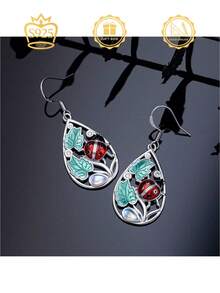 Bông tai mặt dây chuyền nữ thanh lịch, dễ thương, ngọt ngào, tinh tế, đính đá mặt trăng nhân tạo, họa tiết bọ rùa và lá cây, ít gây dị ứng, phù hợp để đeo hàng ngày, dự tiệc, du lịch, hẹn hò, lễ hội, cũng có thể dùng làm quà tặng. - Bạc - Xem 9