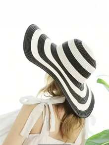 1顶/夏季女士遮阳帽，适合景点佩戴，时尚百搭，黑白粗条纹，宽檐沙滩草帽，遮阳帽 - 條紋帽 - 查看 6