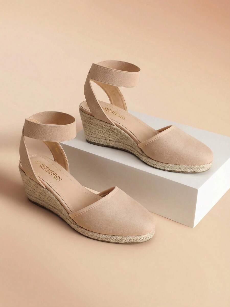 Sandalias de cuña de esparto de 5,5 cm para mujer, con punta cerrada y correa elástica en el tobillo, para vacaciones, ir al trabajo y verano - Albaricoque - Ver 1