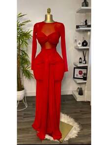 Women's Clothing 2026 Early Spring New Solid Color Long-Sleeved Round-Neck Chest Wrap Tight Temperament Long Dress - 紅色 - 查看 5