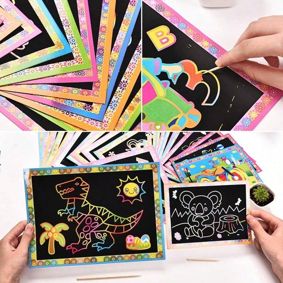 一套DIY刮画玩具,包含艺术纸、魔法画纸、刮刀和木制刮笔,创意涂色玩具工艺品,DIY绘画套装 - 彩色 - 查看 1