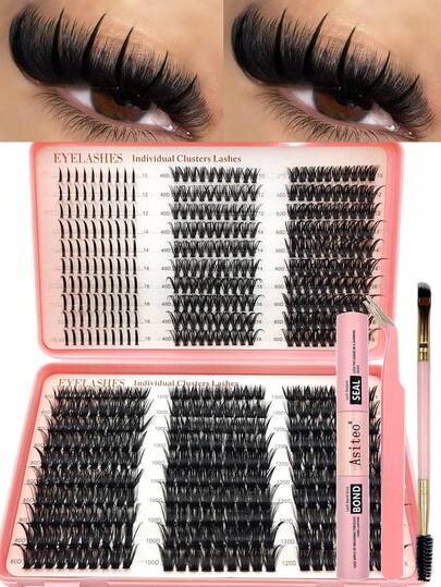  Asiteo 570Pcs D Curl Individual Lashes,40D/60D/80D/100D/120D&Spike Lashes-Fluffy Soft Diy Lashes,Comfortable To Wear,With Bond And Seal, Tweezers, Brush,DIY Large Capacity Lashes Book For Beginner Friendly Fake Lashes Kit, Segmented Lash For Daily Makeup Extensions,Reusable,Gifts&Daily Life&Dating&Party&Music Festival Fake Lashes,Easy To Use DIY At Home