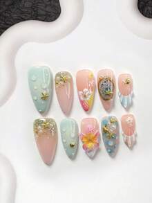 10pcs Dreamy Ocean Fairy Tale Style Nail Art Set, Acrylic Nail Stickers, Handmade 5-Petal Gradient Pink Flower Nail Decorations, Gold Seashells, Starfish, Scallops, White/Pink/Yellow 5-Petal Camellia, Hand-Painted Gold/Silver Beach, Blue Zebra Print, Brown Seashell Texture Decor, Solid Blue Wave Pattern Press On Nails - 彩色 - 查看 10