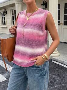 Live To Mo 粉色条纹渐变圆领无袖女士休闲夏季针织背心，适合夏季日常休闲穿着 - 粉色 - 查看 5