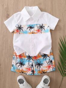 Toddler Boys' Spring/Summer Short Sleeve Shirt And Matching Allover Print Shorts 2-Piece Set, White Base With Orange, Blue And Palm Tree Prints, Suitable For Daily Outings, Beach Vacations, And Family Outings - White - View 6