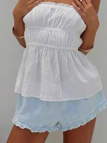 Women's Cute Lace Shorts Y2K Lace Micro Shorts Summer Casual Lounge Shorts Elastic Waistband Lace Trim Mini Shorts Low Waist Shorts - 藍色 - 查看 7