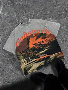 Break The SystemMen's Washed Vintage Crewneck T-Shirt, 100% Cotton 180GSM, Godspeed Highway Car Print, Retro Faded Style, American Streetwear, - 灰色 - 查看 1