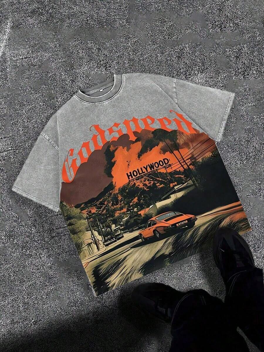 Break The SystemMen's Washed Vintage Crewneck T-Shirt, 100% Cotton 180GSM, Godspeed Highway Car Print, Retro Faded Style, American Streetwear, - 灰色 - 查看 1