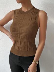 Women's Summer Embossed Knit Camisole Top, Brown, Sleeveless Mock Neck Slim Fit Elegant Casual Wear For Commuting, Dating, Work, Weddings, Workplace, Holidays - Coffee Brown - View 3