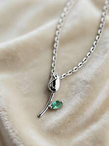 1pc S925 Sterling Silver Zirconia Inlaid Tulip Pendant Necklace, Sweet & Cute Rose Flower Minimalist Delicate Clavicle Chain, Suitable For Girls, Students For Daily Wear - Tulip - View 9