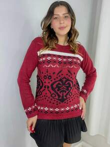 Women's Long Sleeve Knit Sweater For Winter With Geometric Pattern And Mousse Fabric - Red - View 3