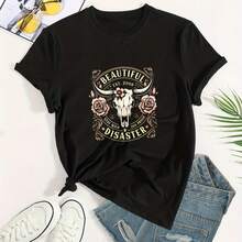 Crew Neck Graphic Cotton T-Shirts For Women, Beautiful Disaster Cow Skull Roses Design  Oversized Casual Short-Sleeved T-Shirts, Unisex Tees, Spring And Summer Fashion Women'S Top T-Shirts - 黑色 - 查看 2