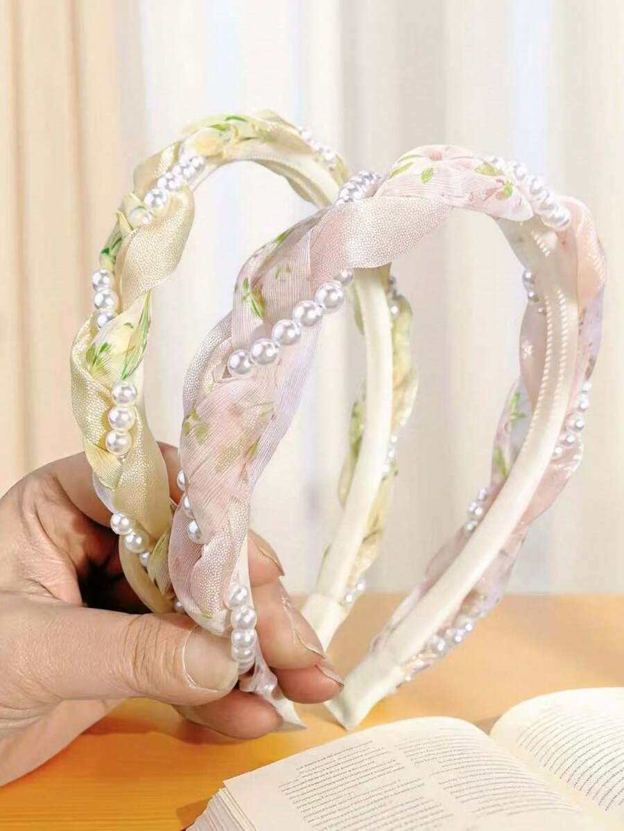 1/2件装甜美珍珠编织发箍，复古少女森系编织发箍 - 彩色 - 查看 1