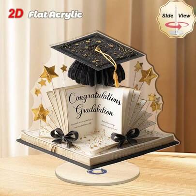 Mũ tốt nghiệp và sách bằng acrylic xoay được, kiểu dáng phẳng 2D, 1 chiếc - Giá trưng bày bằng cấp/Trang trí bàn làm việc xoay được, Thích hợp cho văn phòng, lễ tốt nghiệp - Trang trí mũ tốt nghiệp, kiểu dáng phẳng 2D