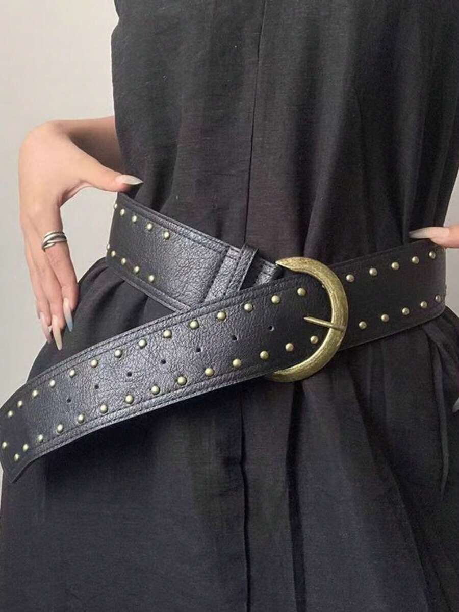 1 chiếc thắt lưng bản rộng kiểu miền Tây màu tối dành cho nữ, đính nhiều đinh tán. - màu đen - Xem 1