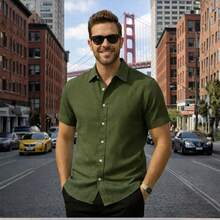 Italian Collar Shirt Short Sleeve Slim Fit Casual - Green - View 1