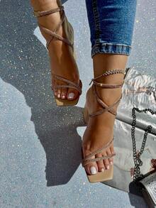 Women's Rhinestone Heeled Sandal With Tie - Sparkly - Elegant / Party - Apricot - View 5