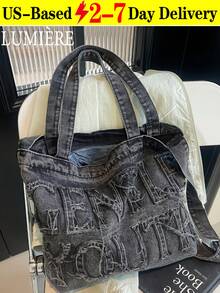 Large Capacity Casual Tote Bag, With Letter Patchwork, Embroidery Thread, Tassel, Multiple Carrying Options, Perfect For Women For Daily Commuting Or Holding Books School Bag, Back To School Backpack, Portable, Lightweight, Large Capacity, Classic Casual, Suitable For Teen Girls Y2k Bag, 2000s Fashion Style, Gothic Punk Bag For Women - 黑色 - 查看 1