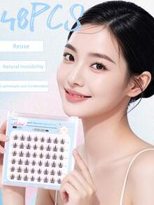 48片装自粘式免胶蓝白瓷质假睫毛簇，混合长度蓬松套装，无需胶水，蓬松单根假睫毛，自粘式DIY睫毛嫁接，预涂胶睫毛簇，自然纤长C型卷翘睫毛簇，无需胶水，无需卸妆，假睫毛，睫毛簇，单根假睫毛，睫毛，假睫毛 - C - 查看 2