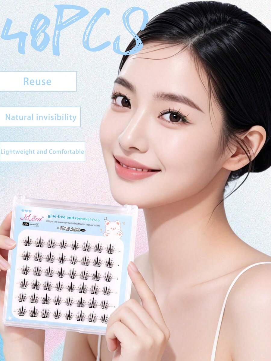 48片装自粘式免胶蓝白瓷质假睫毛簇，混合长度蓬松套装，无需胶水，蓬松单根假睫毛，自粘式DIY睫毛嫁接，预涂胶睫毛簇，自然纤长C型卷翘睫毛簇，无需胶水，无需卸妆，假睫毛，睫毛簇，单根假睫毛，睫毛，假睫毛