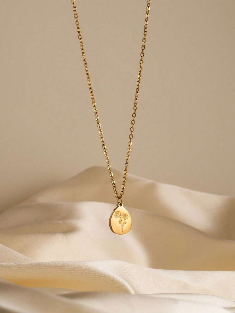 1pc Luxury Stainless Steel 18K Gold Plated Oval Floral Dangle Pendant Necklace, Hypoallergenic, Fashionable For Daily, Party, Date, Vacation - 黃金 - 查看 1