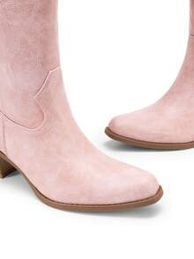 Women's Cowboy Cowgirl 2.36-Inch Chunky Western Square Toe Embroidered Pull On For Commuting Dates Rodeos Concerts Mid Calf Pink Boots - Hồng - Xem 4