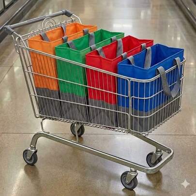 4件套可重复使用折叠购物袋，无纺布手提袋，适用于超市购物车，购物收纳网袋，彩色食品杂货收纳袋，适合超市购物、每周食品采购和家居收纳。