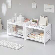 1PC PP Desktop Double Layer Storage Rack Rectangular White Organizing Student Desk Office Cosmetics Stationery - White - View 2