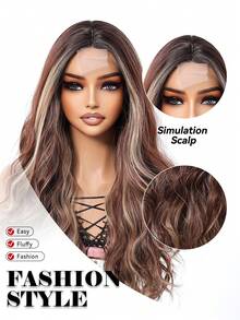 26 Inch Long Straight U-Part Seamless Bangs Synthetic Wig, Brown Mixed With White Natural Middle Part Wig, Shiny Golden Hair - Brown Highlight - View 9
