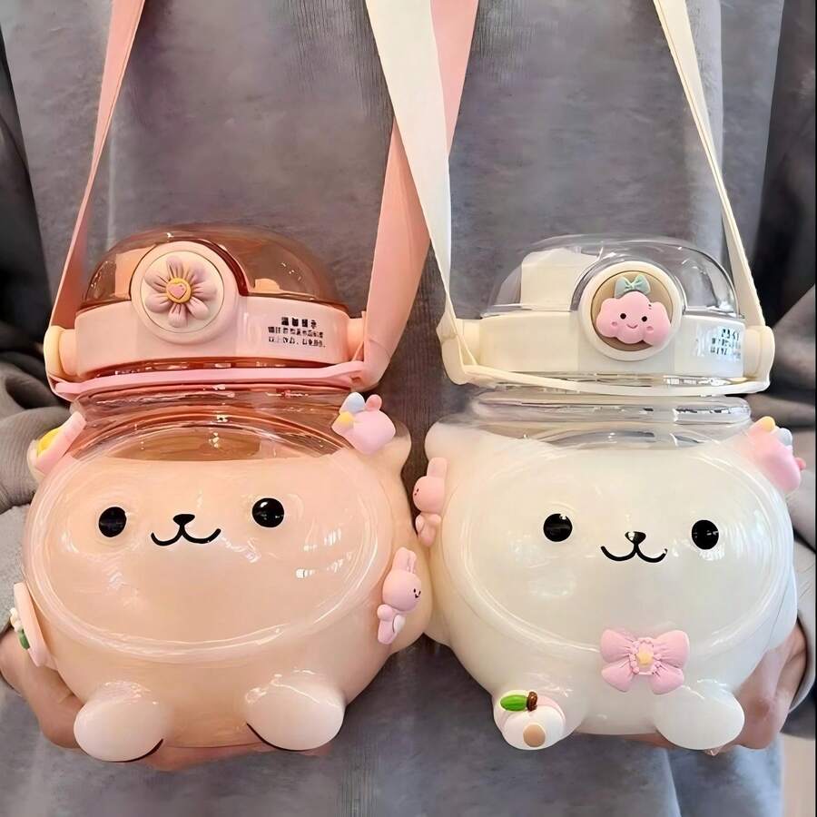 BENNY 1000ml Cute Bear Shaped Kids Water Bottle,Dual Lids (Straw & Sip), Detachable Strap &Handle, Leakproof | Eid Gift, Ramadan Special, Back To School, Christmas, Birthday Present For Boys Girls - Multicolor - View 1