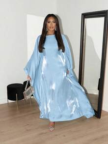1pc Women's Dubai Solid Color Long Round Neck Batwing Sleeve Dress With Soft Satin Finish, Suitable For Daily Life, Festivals, Parties And Evening Events - Light Blue - View 1