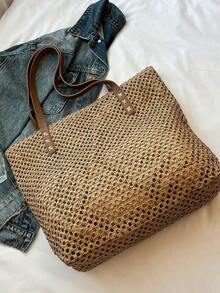 Summer Straw Beach Bag, Large Capacity Tote Bag, Grocery Basket Bag, Handbag, Vacation Style, Simple & Versatile, Multi-Pocket Women Bag, Suitable For Dresses, Shopping, Travel, Storage, Wicker Bag - Màu Khaki - Xem 6