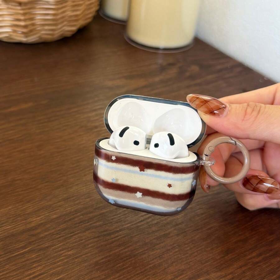 Funda azul y marrón a rayas con estrella y círculo Pro 3/2, 4/3/2, funda de auriculares elegante y minimalista para mujeres, compatible con Apple