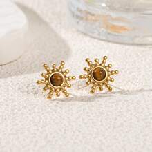 1 Pair 18K Gold Plated Stainless Steel Bohemian Sunflower & Tiger Eye Stone Earrings, Vintage High-End Fashion Earrings For Women - Gold - View 6