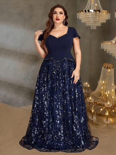 BluePlum 高品质优雅亮片拼接短袖装饰设计两件套薄纱晚礼服，大码，正式鸡尾酒会、婚礼、周年纪念、家庭正式场合、新娘送礼会、生日庆典、奢华正式母亲礼服（重工装饰）