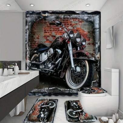 Vintage Motorcycle Themed Bathroom Curtain Set, Including Bath Mat And U-Shaped Toilet Mat, Waterproof Herringbone Woven Polyester Home Decor Curtain With Hooks, Machine Washable, 4-Piece Bathroom Accessory Set