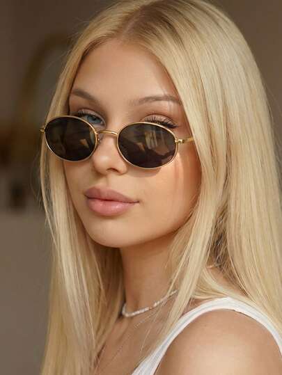 1 par de gafas de mujer con montura metálica ovalada dorada, de unicolor, estilo retro, moda callejera y de pasarela