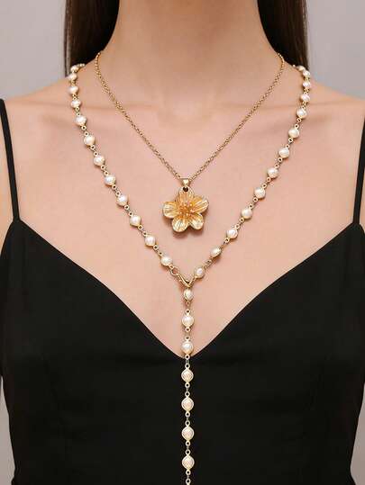 优雅双层花朵吊坠珍珠项链，复古Y字形绳链，适合日常佩戴、婚礼、派对等场合，是送给她的完美礼物，女士时尚首饰