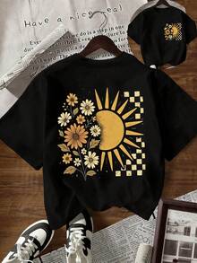 Women's Round Neck Short-Sleeved T-Shirt, Super Loose Top, 100% Cotton Top, Soft And Comfortable, Everyday Casual, Streetwear, Fun Floral And Sun Patchwork Print, Summer, Festival, Y2K, Autumn And Winter Fun T-Shirt, Vacation, Beach, Casual, 90s, Cute Tops, Easter, Carnival, All Seasons, Office/Lounge/Home/Outdoor Sports/Simple, Western, Black Top - Black - View 9