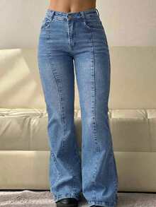 Women's Casual Long Denim Flare Leg Jeans With Pockets And Button Zipper Closure Slight Stretch Washed Design - 藍色 - 查看 2