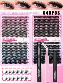 SEXYSHEEP 640片D型卷翘睫毛嫁接套装，DIY 30D、40D、60D、80D睫毛嫁接套装，9-16mm混合单根睫毛，包含睫毛胶水、封层液、卸妆液、镊子，仅供个人使用 - 黑色 - 查看 12