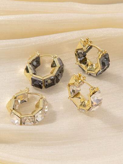 YSH.ZIXIN 1对闪亮复古方形水晶耳环，优雅铜质C形夹式耳环（女士款）