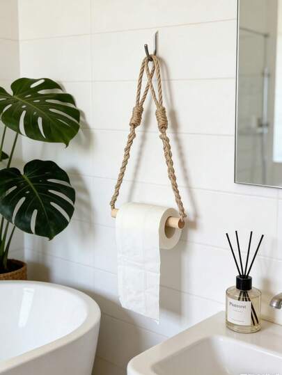 1个毛巾架，天然黄麻绳厕纸架，壁挂式木质手工编织毛巾架，复古装饰，纸巾架，适用于浴室厨房家居装饰配件