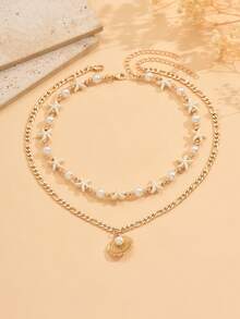 2件套夏季波西米亚海洋风仿珍珠串珠海星颈链，金属贝壳吊坠项链，适合日常佩戴、海滩度假和派对。 - 彩色 - 查看 1