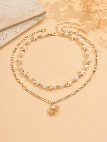 2pcs/Set Summer Bohemian Ocean Style Faux Pearl Beaded Starfish Choker Necklace, Metal Shell Pendant Necklace, Suitable For Daily Wear, Beach Vacation And Party