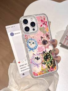 1pc Minimalist Cute Oil Painting Cat & Flower Pattern Rhinestone Full Coverage Transparent TPU Anti-Fingerprint Phone Case Compatible With IPhone 16 ProMax/16/16E/16 Pro/16 Plus/11/15/15 Pro/15 ProMax/12/13/14 ProMax/XS/XR/11 Pro/11 ProMax/12 Pro/12 ProMax/13 Pro/13 ProMax/7 Plus/14 Pro/14 ProMax/14 Plus, Soft Case - Multicolor - View 2