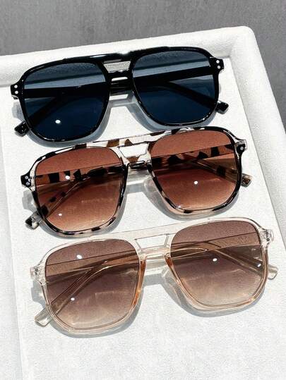 3pcs Unisex Tortoise Shell Color Square Frame Double Bridge Pilot Style Fashion Glasses For Vacation Boho Shades Beach Accessories Beach Accessories For Women Glasses Shades Basics Fall Winter Women Outfits Clothes Business Casual Gifts Leopard